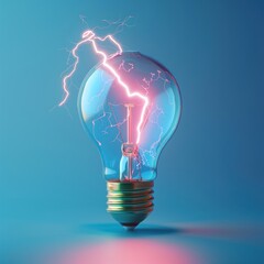 Blue thunderbolt hitting a lightbulb, unique minimalist 3D animation, angled view, illustrator - obrazy, fototapety, plakaty