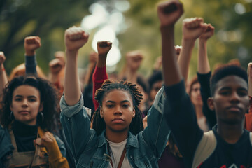 Multiracial young people demonstrating with raised fists 