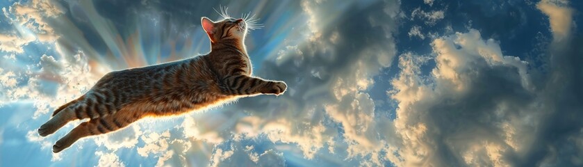 Feline ascending skyward, techenhanced animals watching, simple 3D render, illustrator, unique angle - obrazy, fototapety, plakaty