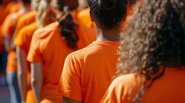 Close-up of individuals wearing orange shirts in solidarity, marking the National Day for Truth and Reconciliation, embodying unity and remembrance