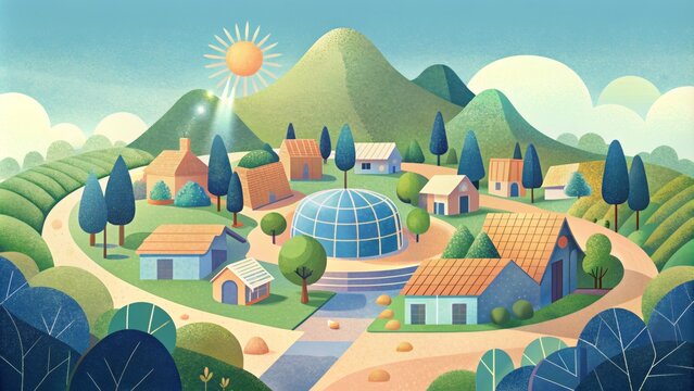An ecovillage with a communal garden and solarpowered community center promoting sustainable living practices.