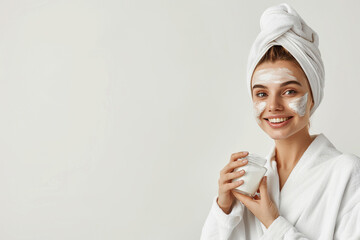 Skincare. cheerful young woman smiling, applying cosmetic eye patches mask, reduces wrinkles, wears wrapped towel on head, isolated on white background. Facial treatment, beauty and spa concept.