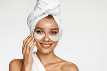 Skincare. cheerful young woman smiling, applying cosmetic eye patches mask, reduces wrinkles, wears wrapped towel on head, isolated on white background. Facial treatment, beauty and spa concept.