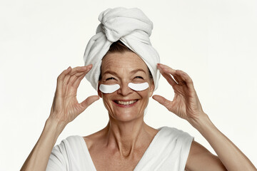 Skincare. Very happy mature Caucasian woman laughing, applying cosmetic eye patches mask, reduces wrinkles, wears wrapped towel on head, isolated on white background. 
