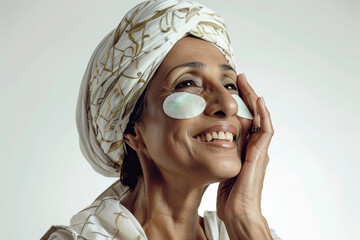 Skincare. Very happy mature Indian woman laughing, applying cosmetic eye patches mask, reduces wrinkles, wears wrapped towel on head, isolated on white background. 