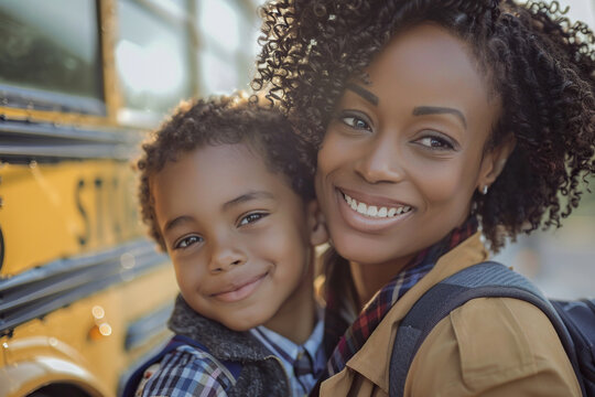 African American mother and son, school bus in the morning background