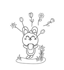 Coloring page girl rabbit and flowers . Black and white jumping hare. Vector.
