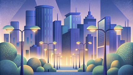 A technologically advanced city with smart streetlights that use motion sensors and LED lighting to reduce energy consumption and create a safer