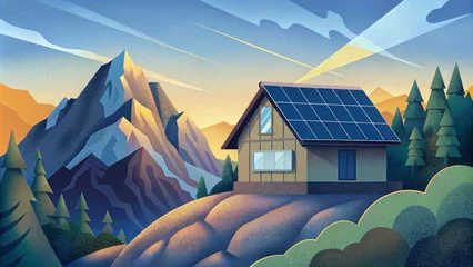 Fotobehang A mountainside chalet with a picturesque view and a solar panel system on the roof alongside a rugged solarpowered battery storage unit that © DigitalSpace