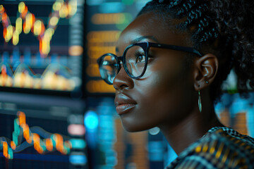 Naklejka premium Talented African American Stock Exchange Investor Working on Desktop Computer, Day Trading Company Shares, Valuable Technology Investments, Communicating with Clients. Portrait of a Female Specialist