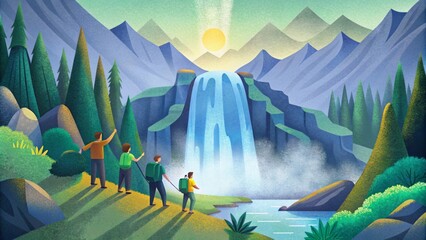 A group of hikers reach a stunning waterfall feeling grateful for the pristine natural surroundings thanks to the efforts of a local community - obrazy, fototapety, plakaty