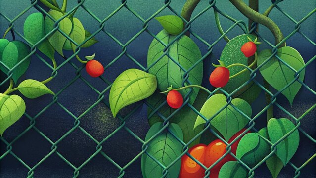 A chainlink fence adorned with scarlet runner beans adding a pop of color and providing a tasty snack for residents.