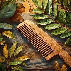 A rustic digital illustration featuring a Wooden Comb set against a backdrop of natural elements like leaves and wood. The warm tones and organic textures highlight the simplicity and beauty of the wo - obrazy, fototapety, plakaty