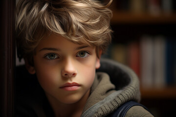 A young boy standing in front of a library made with generative AI technology