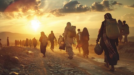 World Refugee Day, people cross the border with things at sunset
