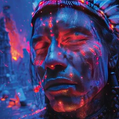 Ethereal tribal elder immersed in vibrant neon lights, showcasing wisdom and cultural richness.