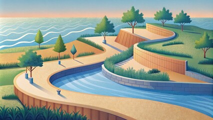 A redesigned waterfront park with natural barriers such as dunes and marshland to protect against coastal flooding and erosion.