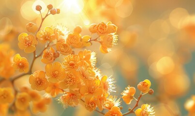 A close-up photograph of delicate orange flowers with intricate details of stamens and pistils, surrounded by bright bokeh lights, creating a warm and radiant ambiance.