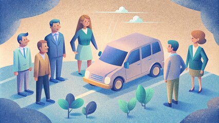 A group of business exeives discussing the cost savings and emissions reductions of transitioning their company fleet to electric vehicles. - obrazy, fototapety, plakaty