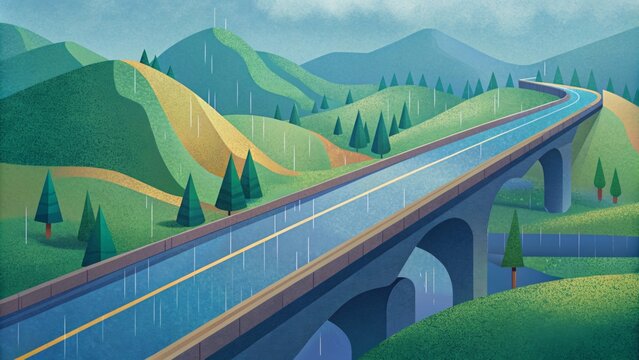 A raised highway with sloped sides to redirect floodwaters and prevent damage during heavy rain events.