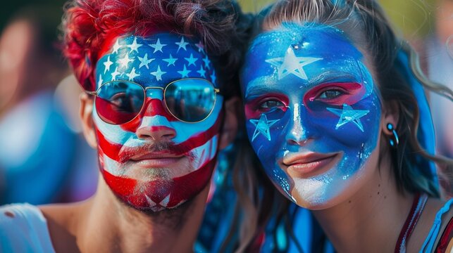 A couple with face paint mirroring the USA flag colors, showcasing American flag fashion, embodying unity and celebration for Independence Day