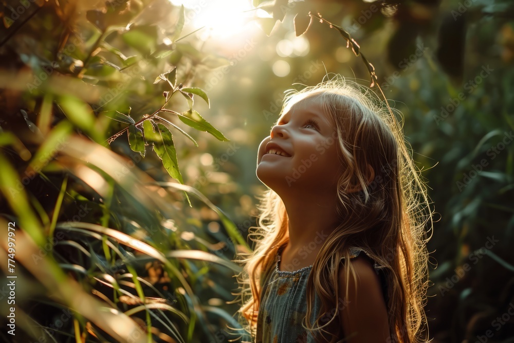 Wall mural Cute little girl with long blond hair in the field at sunset