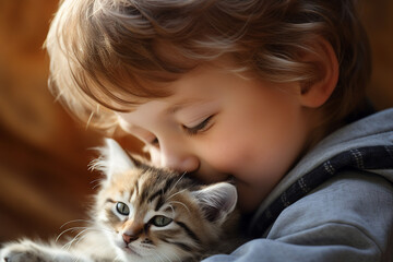 Generative ai picture of sweet cute adorable baby hugging cat love and care for domestic animal