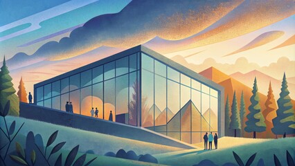 An art gallery with an expansive glass facade letting visitors admire the surrounding landscape while experiencing the exhibited artwork.