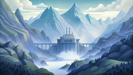 Shrouded in mist and surrounded by majestic peaks the hydroelectric power stations stand tall a the natural beauty of the mountain valley - obrazy, fototapety, plakaty
