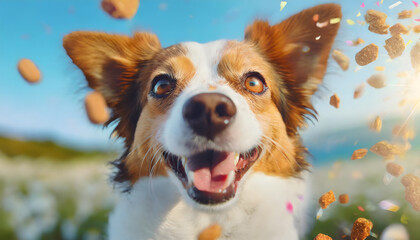 Joyful dog amidst flying treats with a wide grin and sparkling eyes

