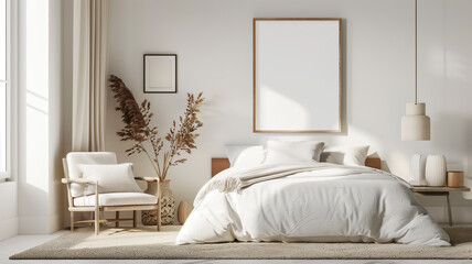 Fototapeta na wymiar A welcoming bedroom combines comfort with natural elements and warm lighting.