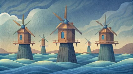 A group of timberframed tidal energy converters resembling the traditional windmills of Holland stand tall and proud in the choppy seas - obrazy, fototapety, plakaty