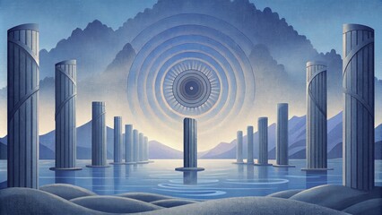 A series of tall pillars stand in the calm waters each supporting a large circular device that resembles a giant turbine silently turning as the - obrazy, fototapety, plakaty