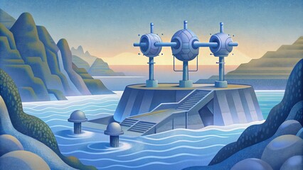 A thoughtfully designed tidal energy farm tucked away in a secluded inlet showcases a multitude of sleek modern devices diligently harvesting - obrazy, fototapety, plakaty