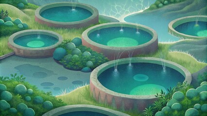 A series of aquamarine ponds surrounded by lush greenery harnessing the power of microalgae to fuel our cars and homes. - obrazy, fototapety, plakaty