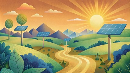 A nature trail lined with information signs about the importance of solar energy and its impact on the environment.