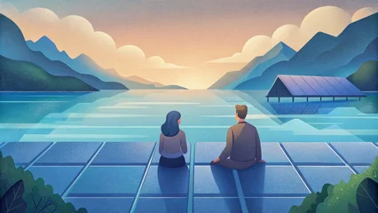 Foto op Canvas A couple sits on a dock admiring the serene lake and the solar panels floating on its surface symbolizing the harmony between nature and © DigitalSpace