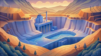 A dormant quarry has been transformed into a pumped hydro storage system storing energy during peak production to be used during periods of high - obrazy, fototapety, plakaty