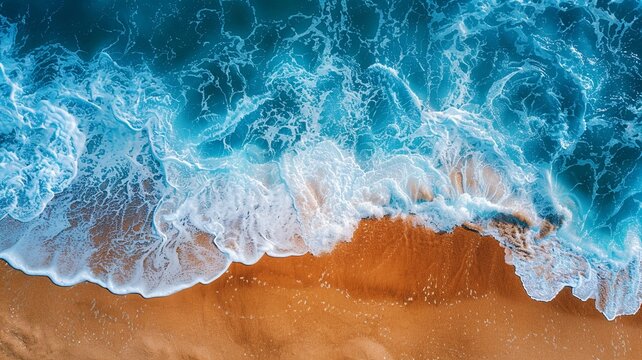 Aerial photo of waves breaking on the sandy beach.