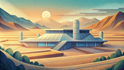 Against the backdrop of a sprawling desert landscape a sleek and modern research facility uses sunlight to its advantage as it works to develop - obrazy, fototapety, plakaty