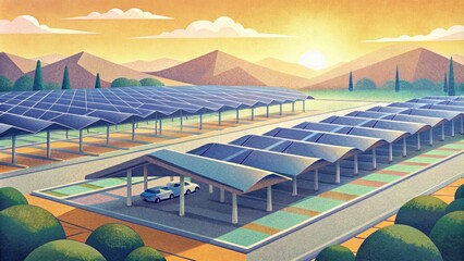 A university campus boasts a large open space for students to park their cars with solar canopies stretching across the lot and providing - obrazy, fototapety, plakaty