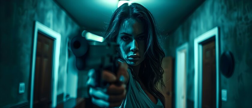 A woman holding a gun in a dark house resembling a scene from a thriller movie. Concept Thriller Movie Scene, Dark House Setting, Woman with Gun, Suspenseful Photoshoot