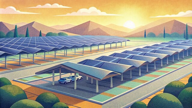 A university campus boasts a large open space for students to park their cars with solar canopies stretching across the lot and providing