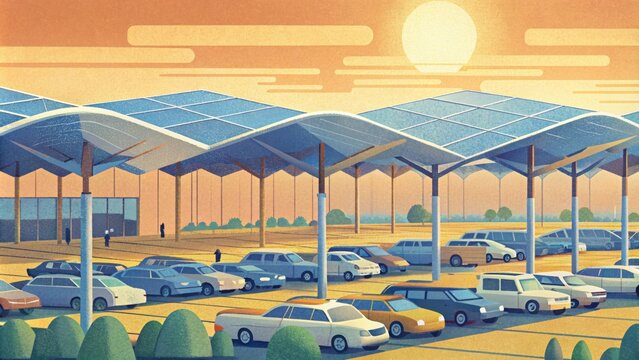 At a busy airport solar canopies span the vast parking lot providing a shaded area for travelers vehicles and harnessing the power of the sun to