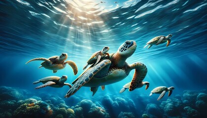Turtle day concept of turtle family swimming with coral and fish Vibrant underwater seascape 