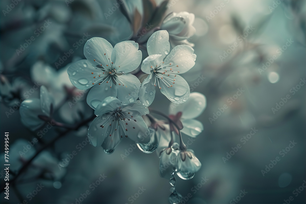 Wall mural the blossom flowers with raindrop on the blurry background