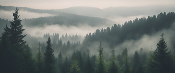 A dense forest of evergreen trees shrouded in mist against the backdrop of rolling hills, creating an ethereal and mysterious atmosphere. - obrazy, fototapety, plakaty