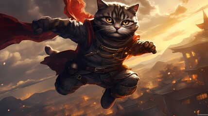 the hilarious yet epic scene of a ninja cat plummeting from the heavens amidst a sky ablaze with fiery hues, its once-proud demeanor now humbled as it shamefully withers under the scrutiny of onlooker - obrazy, fototapety, plakaty