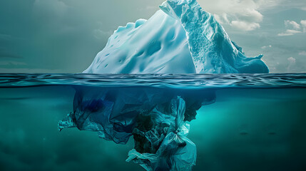 Plastic bag iceberg floating in the ocean and global warming concept - obrazy, fototapety, plakaty