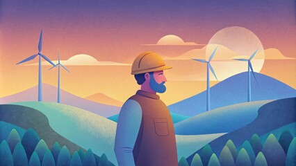 With a passion for sustainable energy the Wind Farm Site Manager carefully monitored the environmental impact of the wind farm ensuring it - obrazy, fototapety, plakaty